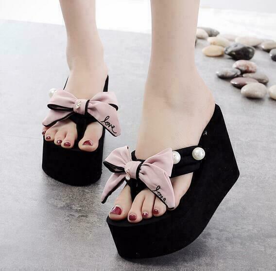 Womens High Platform Wedge Heel thongs Bowknot creepers Slippers Shoes Clip Toe