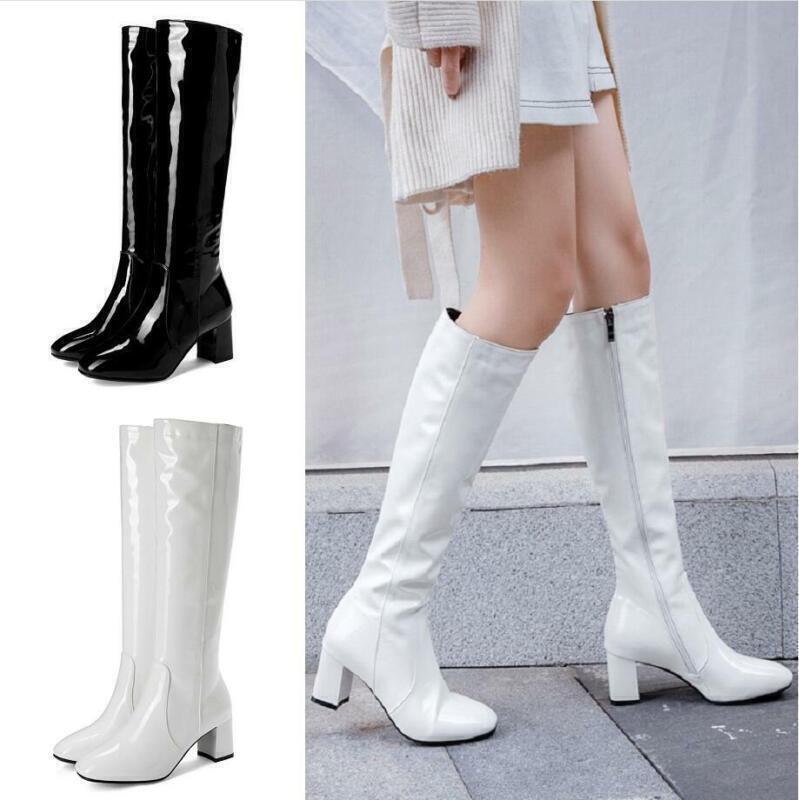 Chic Womens Casual Side Zip Faux Leather Mid Heels Riding Knight Knee High Boots