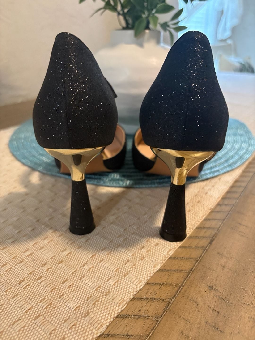 FINDVELL Black Shimmer Pumps with Decorative Zipper Strap Gold Accent Heels