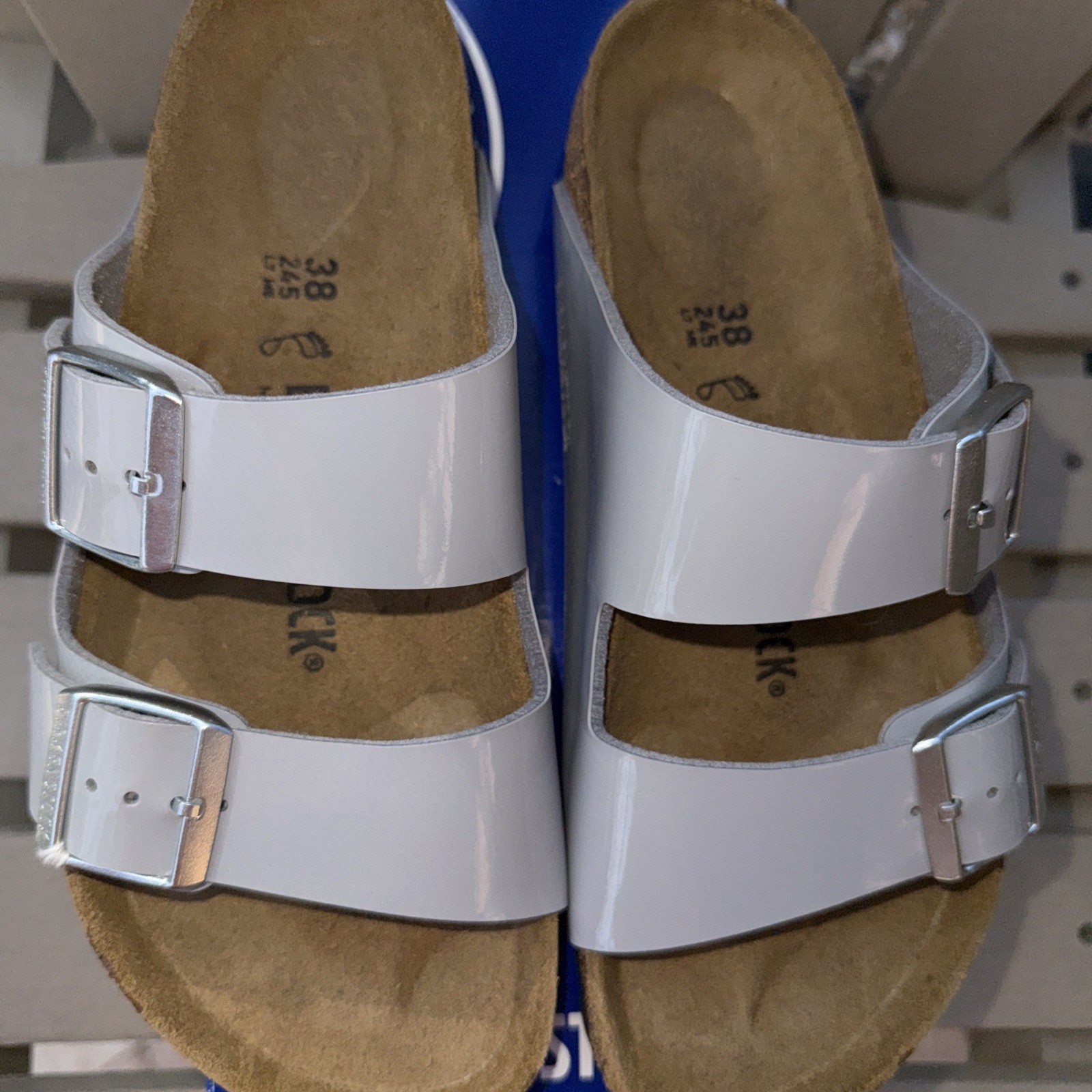 NWOB Birkenstock Arizona Patent Alloy Grey EU 38 Regular width US 7-8