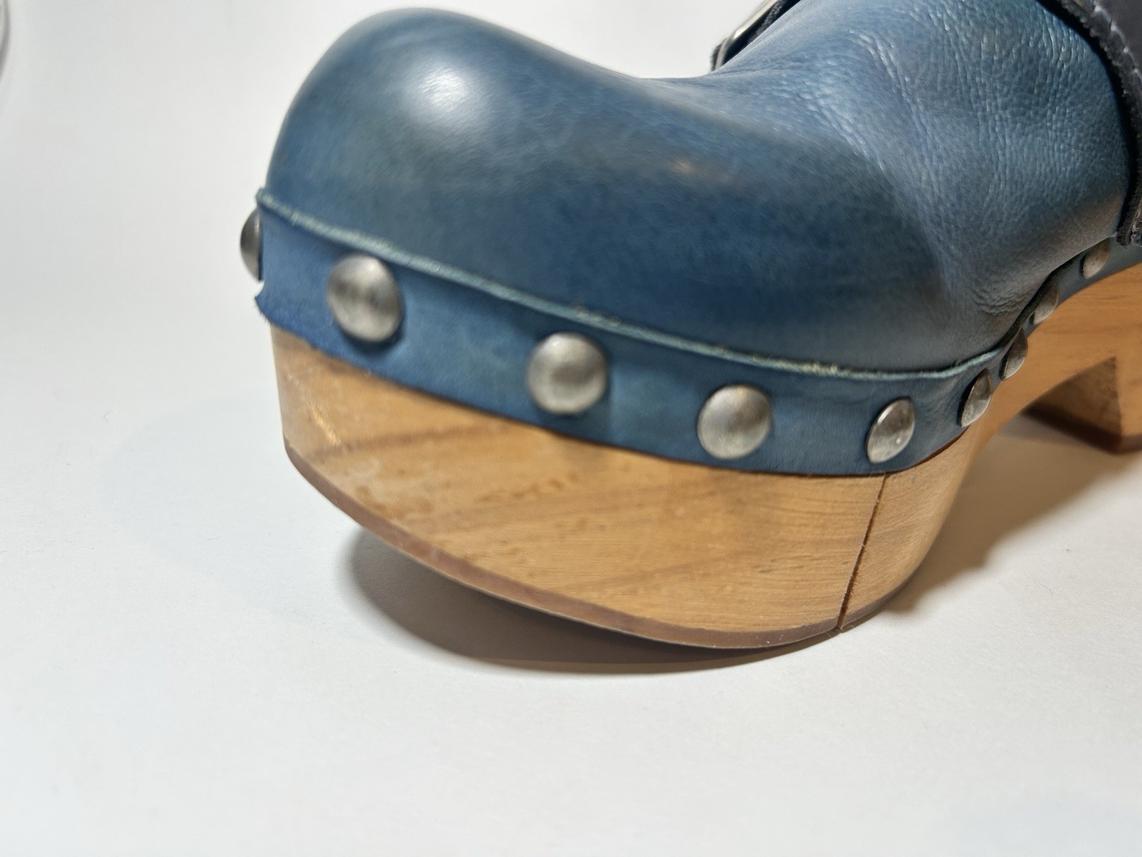 Free People Culver City Clogs Teal Blue Leather Wood Platform Buckle Studded 9