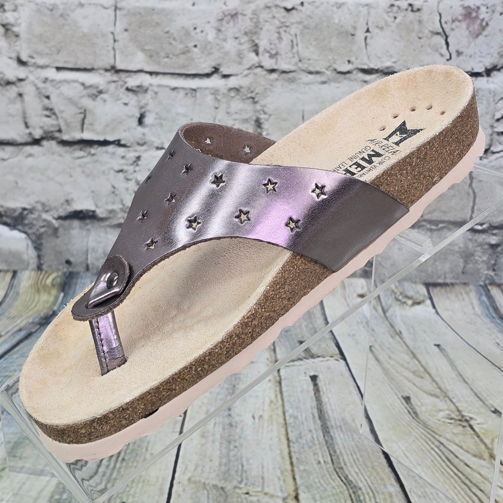 Mephisto Nikie Star Sandals Womens 35 5 Metallic Pewter Leather Cork Thong Slide