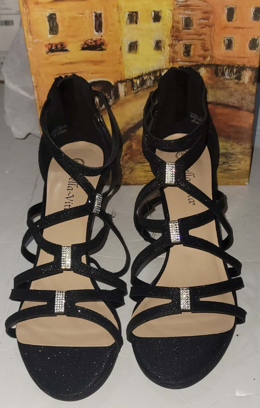 Women’s Bella Vita Karlette Dress Sandals Black Glitter Fabric 12 WW