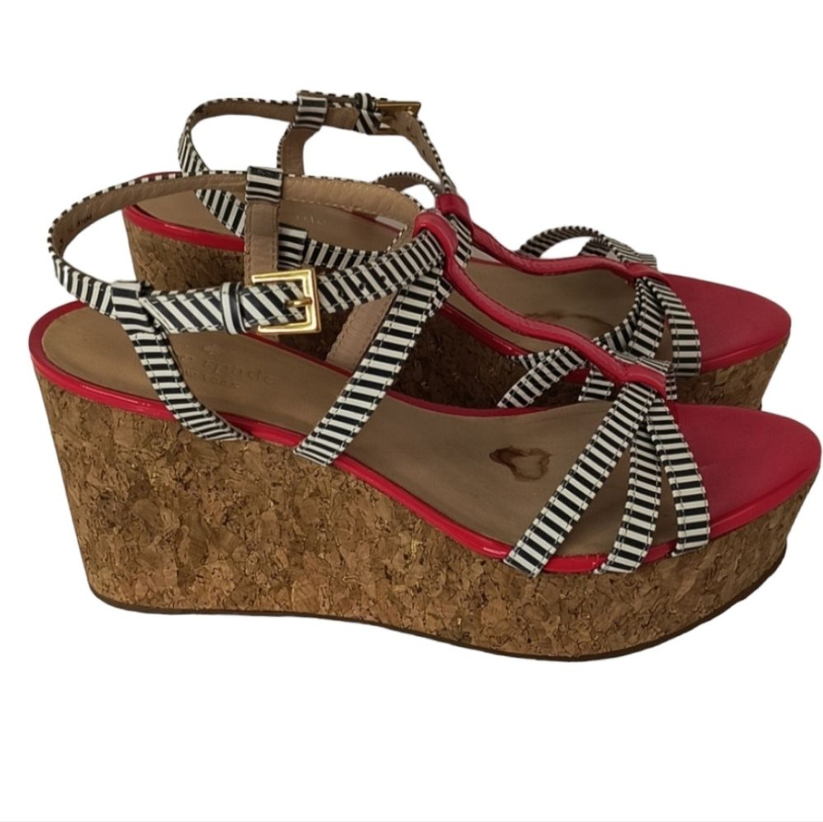 Kate Spade Tropez Striped Patent Leather Cork Wedges Sandal sz: 8.5M