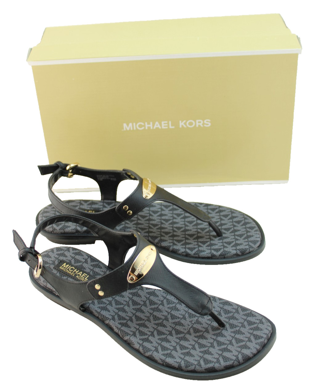 MICHAEL KORS Size 7.5 MK Plate Logo Thong Black Leather Women Sandals MSRP $145