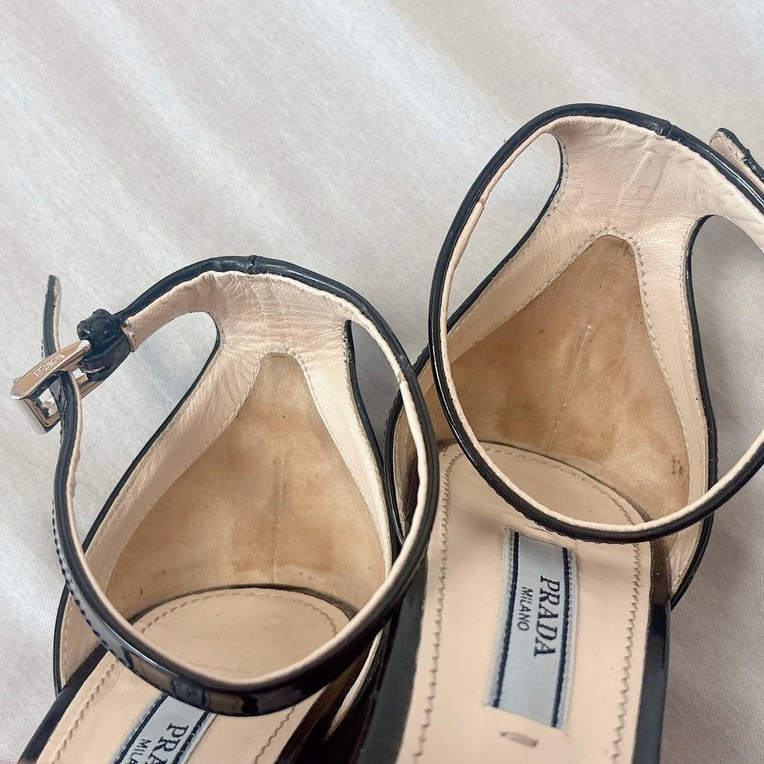 PRADA Heeled Sandals 37 8.5cm Width Patent Leather Black