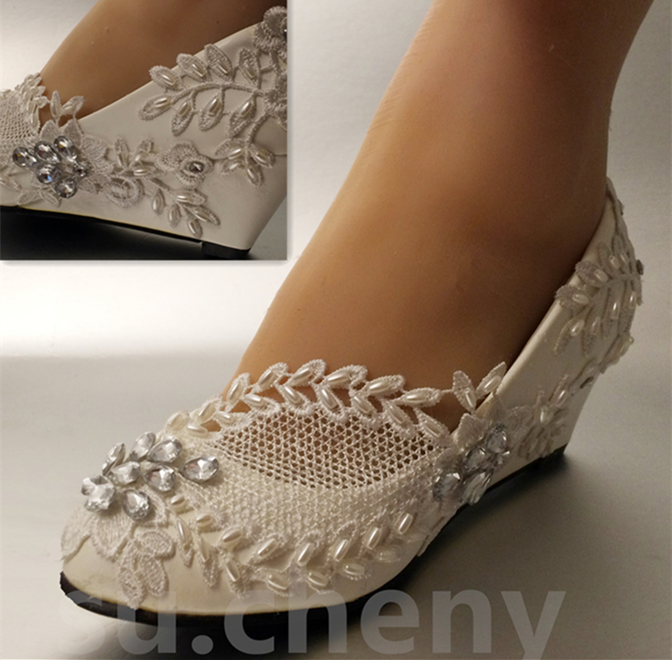 su.cheny White ivory wedge pearls lace crystal rhinestone Wedding Bridal shoes