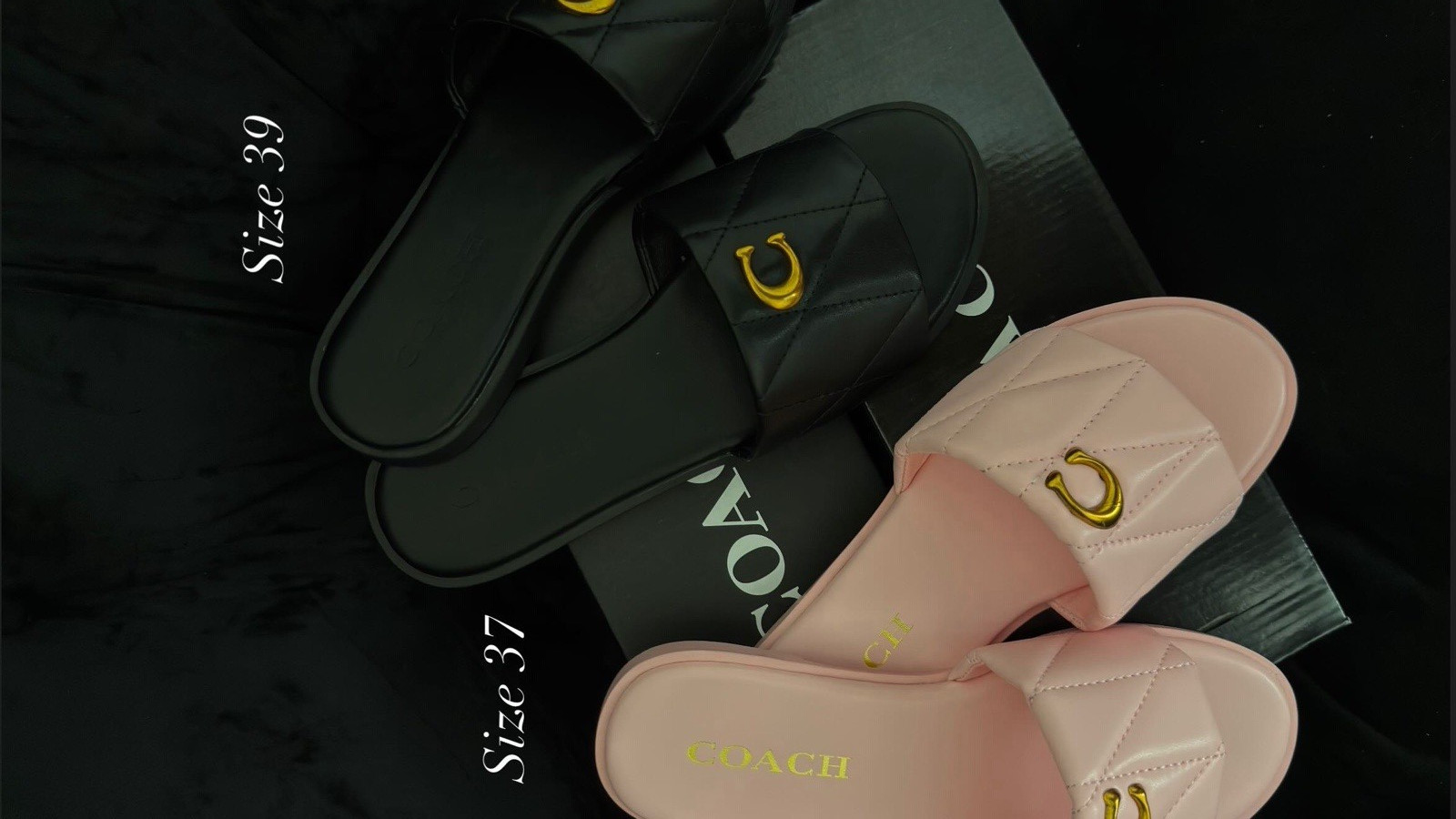 Coach Women’s Leather Slide Sandals Quilted Logo Straps Pink/Black US 8
