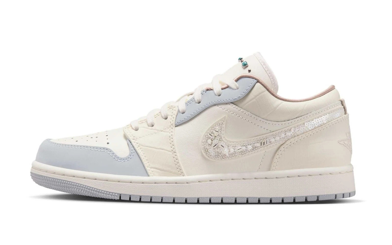 Nike Air Jordan 1 Low IH7323-100 Cream Light Blue Crystal Rhinestone Swoosh Low