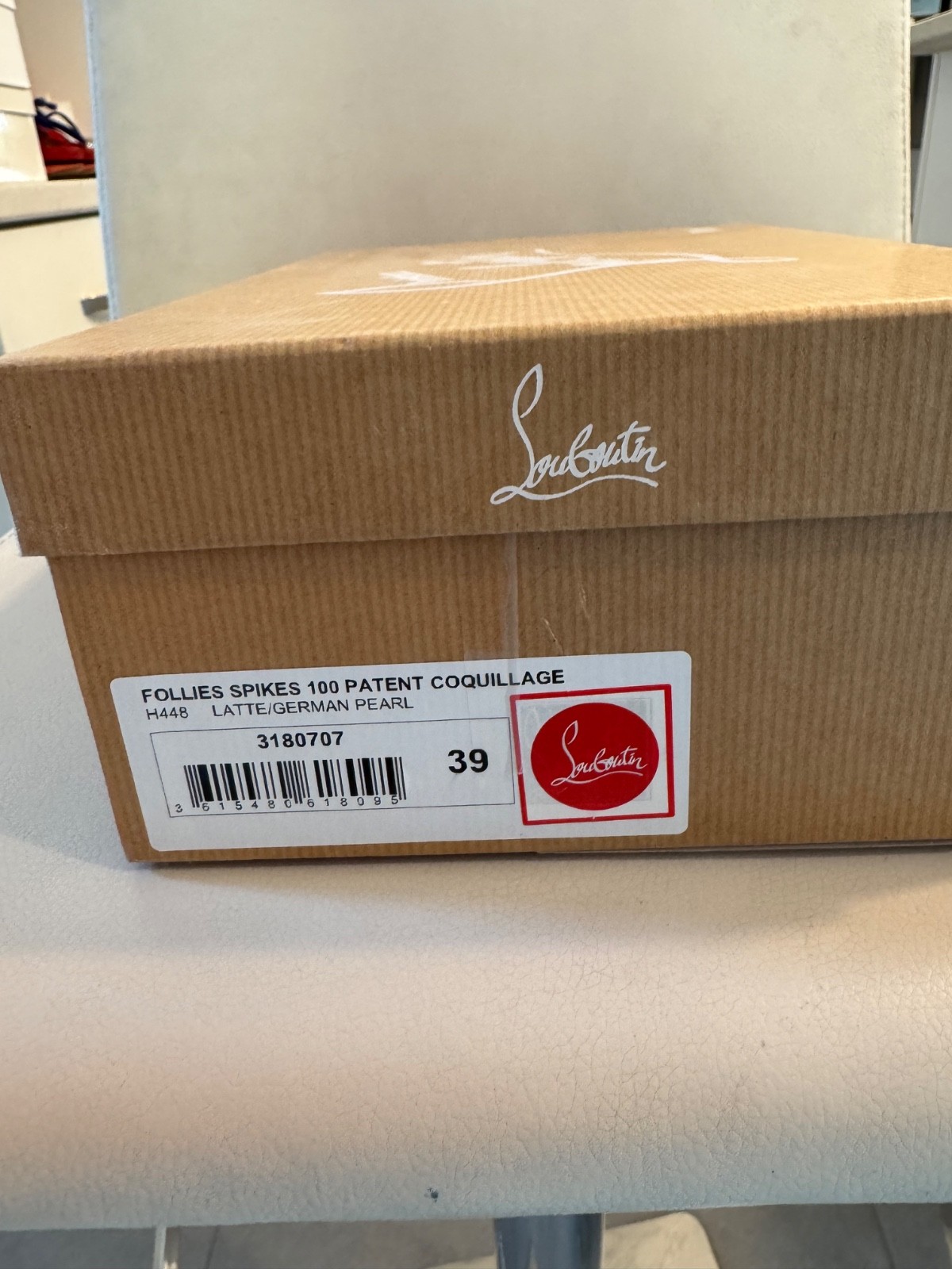 Christian Louboutin Follies Spikes 100 in Patent Coquillage (German Pearl/Latte)