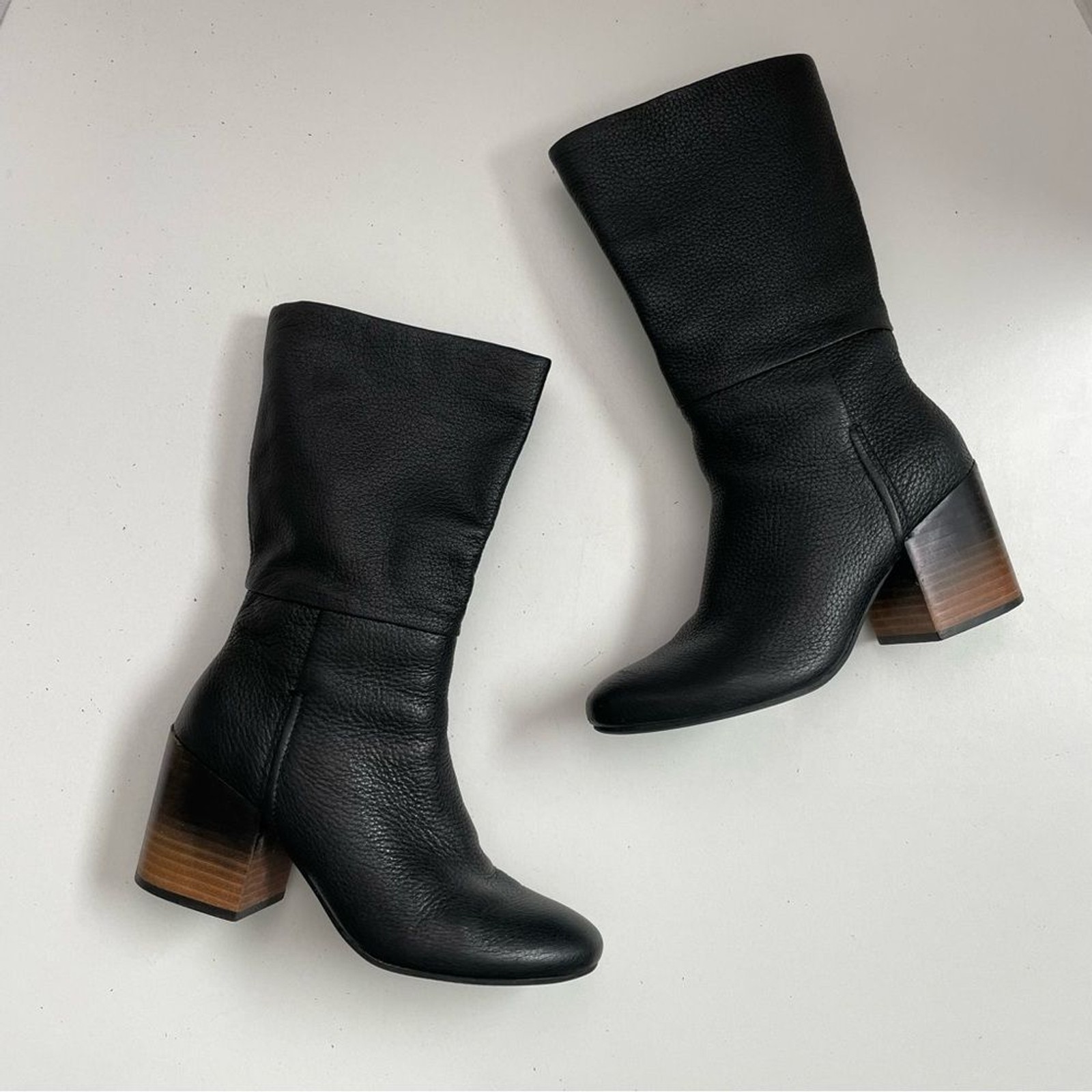 Levity Boots Betty Mid Calf Pebbled Soft Leather Stacked Heeled Pull On Black