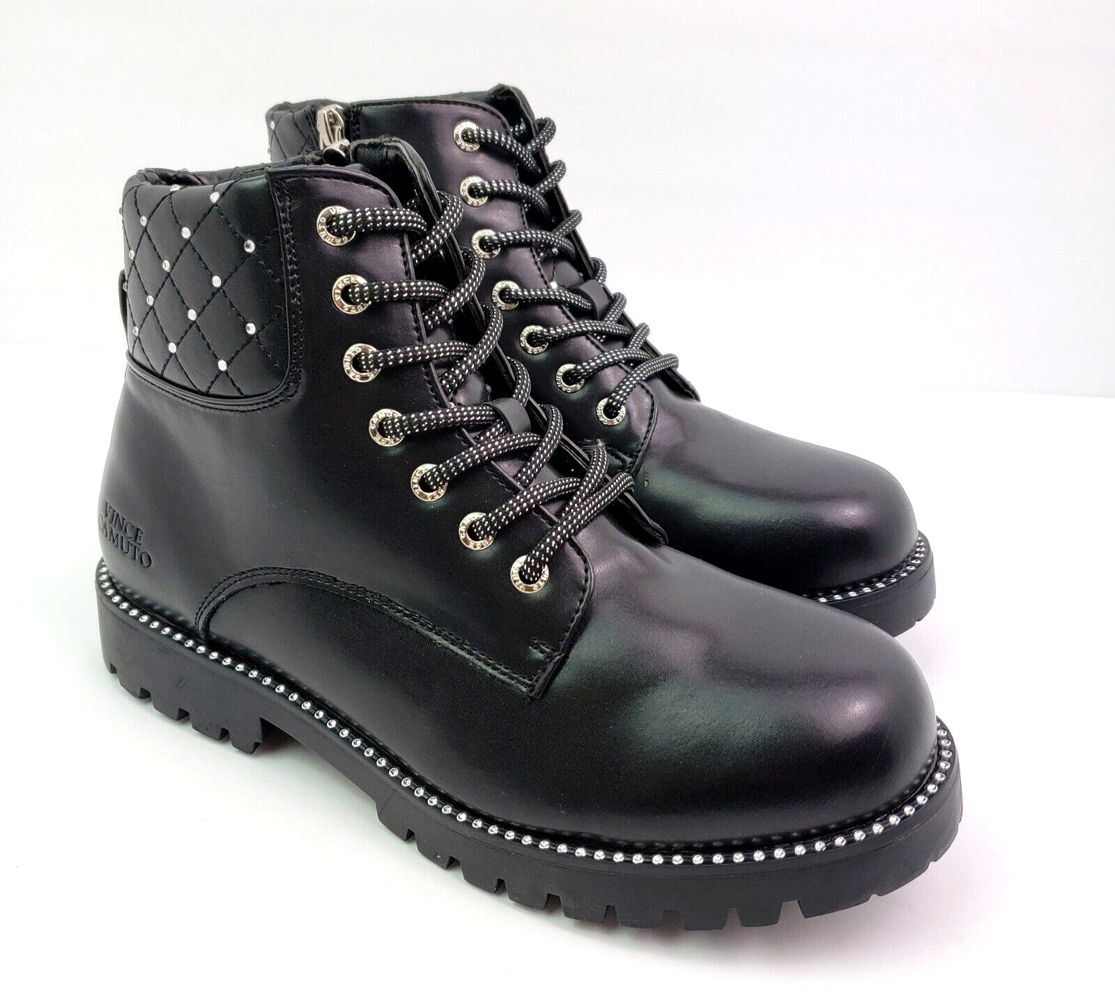 Vince Camuto Womens Size 5.5 Black Rhinestone Lace Up Zip Chunky Ankle Boots
