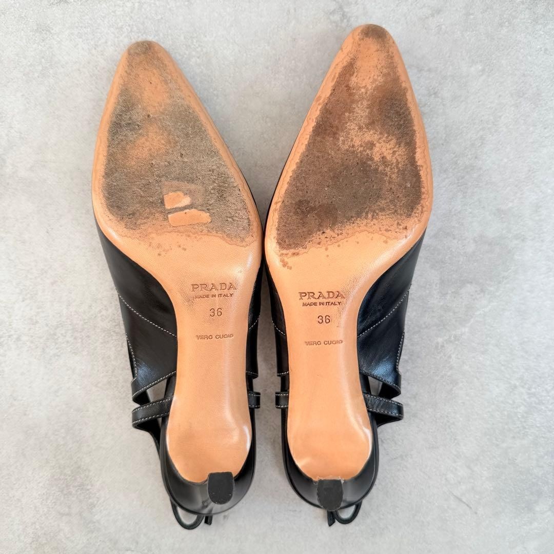 Prada Stitched Bow Slingback Heels Black Leather Women’s US 6 UK 3.5 EU 36 Pumps