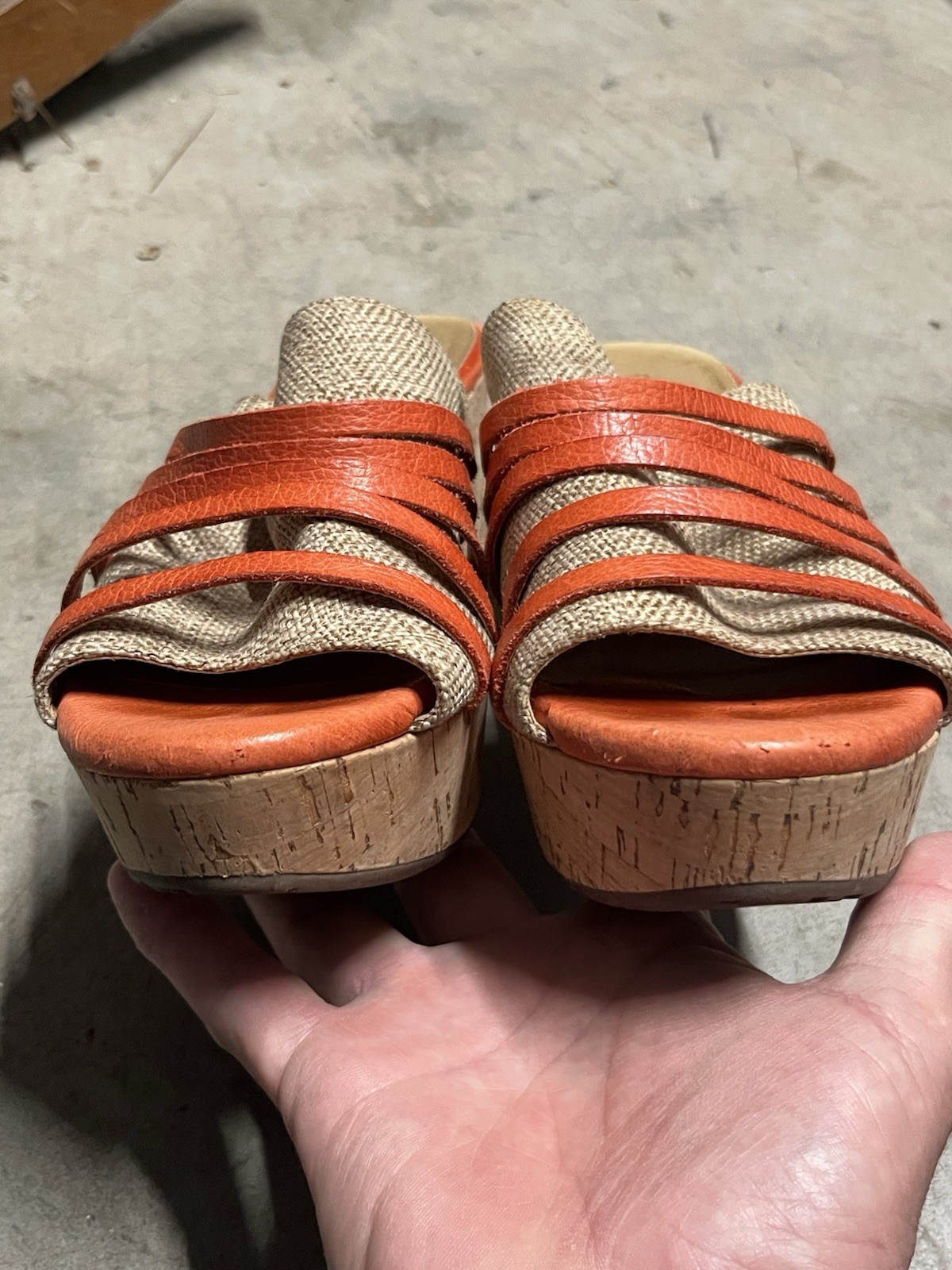RARE Chocolate Blu Wapi orange & beige woven textile leather wedge sandals 8 M