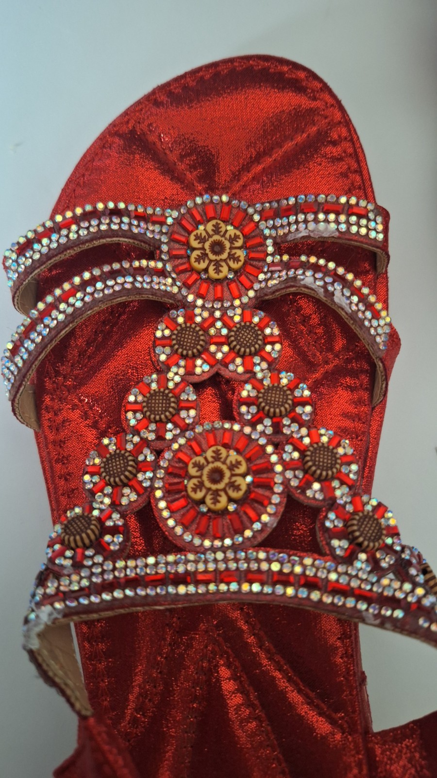 Bright Red Bohemian Styled Beaded Rhinestone Elastic Strap Flat Sandal Size 39