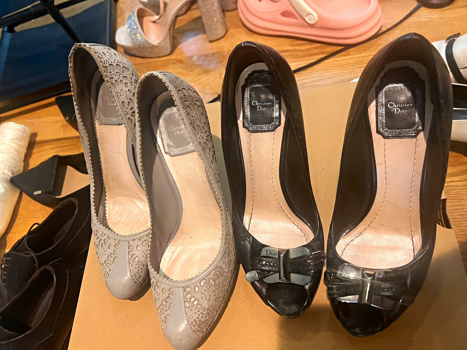 2 Pairs Authentic Christian Dior Heels Black Peep Toe + Grey Cutout