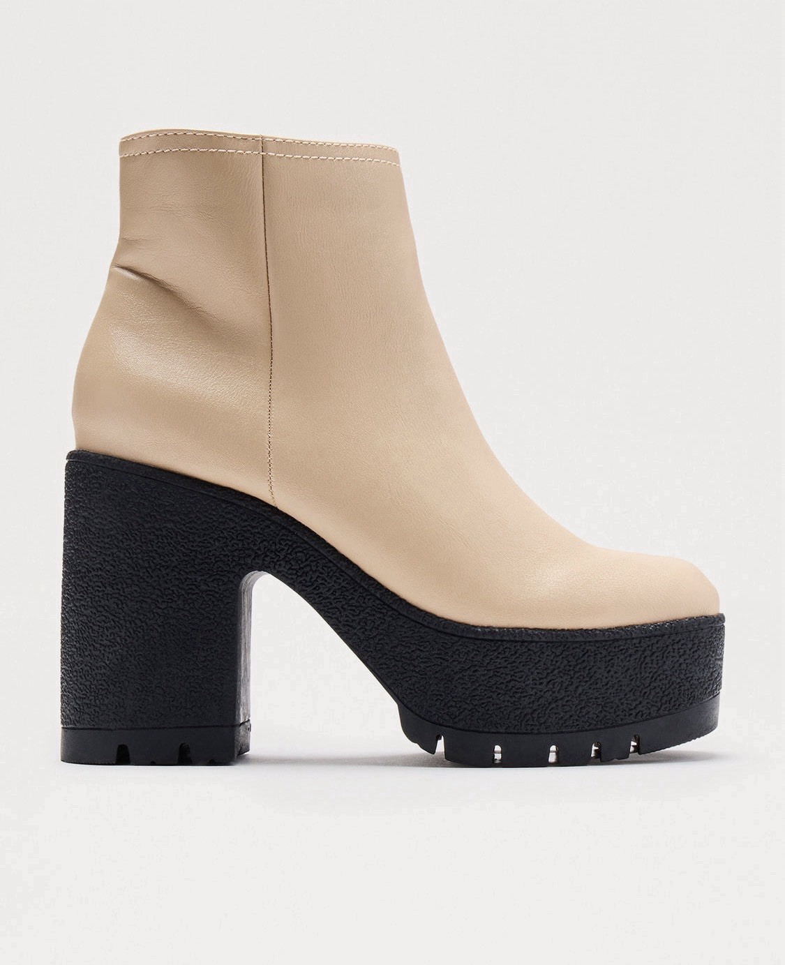 Women’s Leather Ankle Boots Beige/Black Platform Lug Sole Side Zip US 6