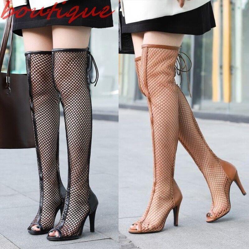 Fashion Womens Mesh Peep Toe Sandals Dress Casual Club Party Over The Knee Boots