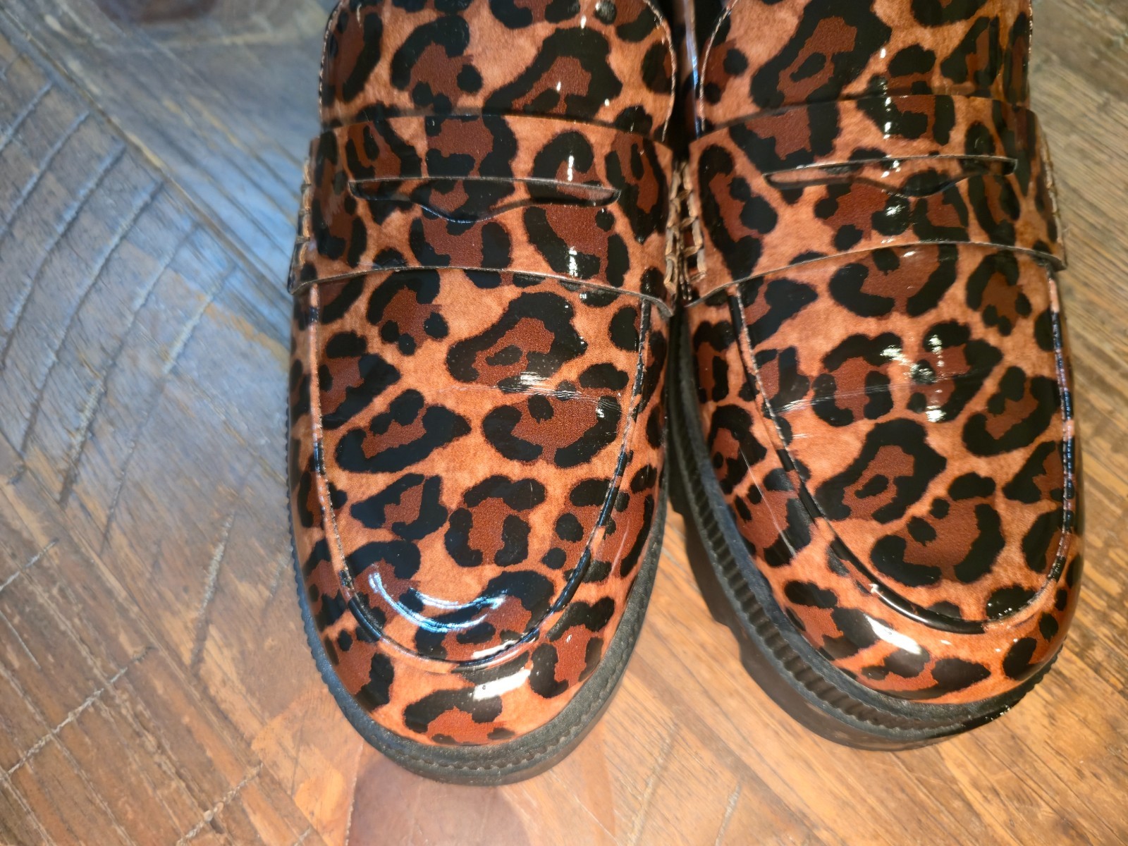 Jessica Simpson Uma Leopard Patent Platform Loafer Mules Chunky Lug Sole Sz 7.5M