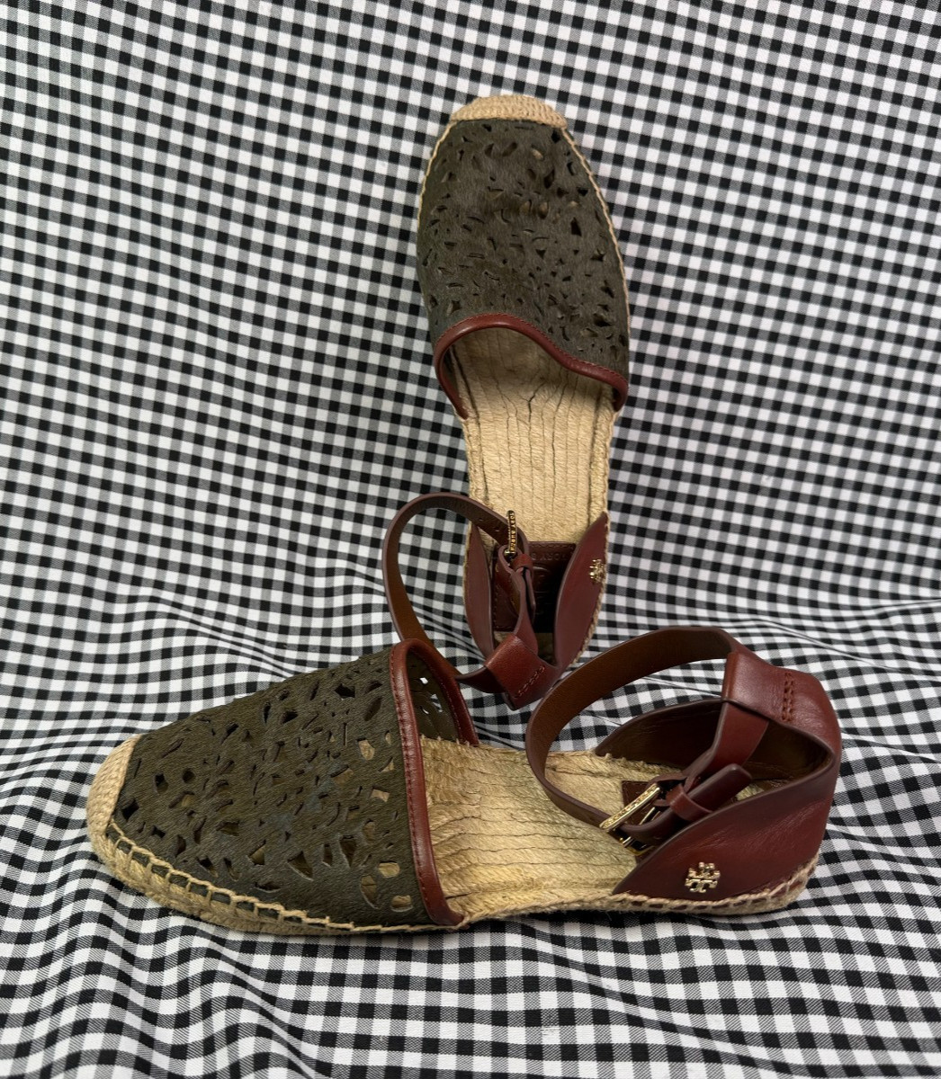 Tory Burch Eleanor Woven D’Orsay Espadrille Flats Womens 7 Olive Green Calf Hair