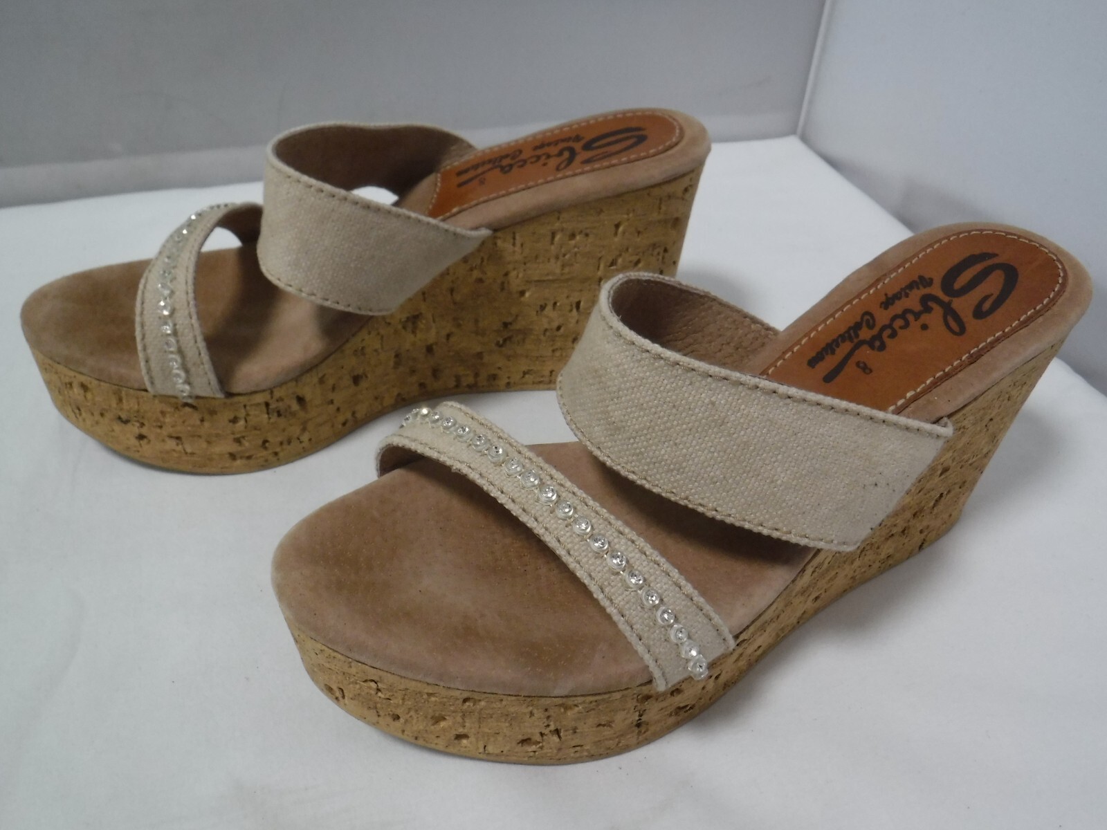 PF2 SBICCA Vintage Collection Cork Platform Beige Canvas Wedge Heel Sandals 8 39