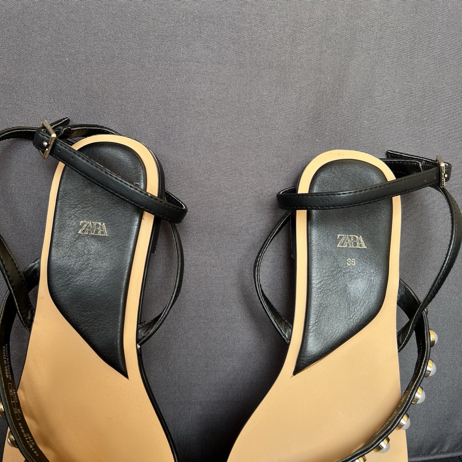 Zara Pearl Studded Flat Strappy Sandals Sz 36 US 6 Black White Gold Chic Wedding
