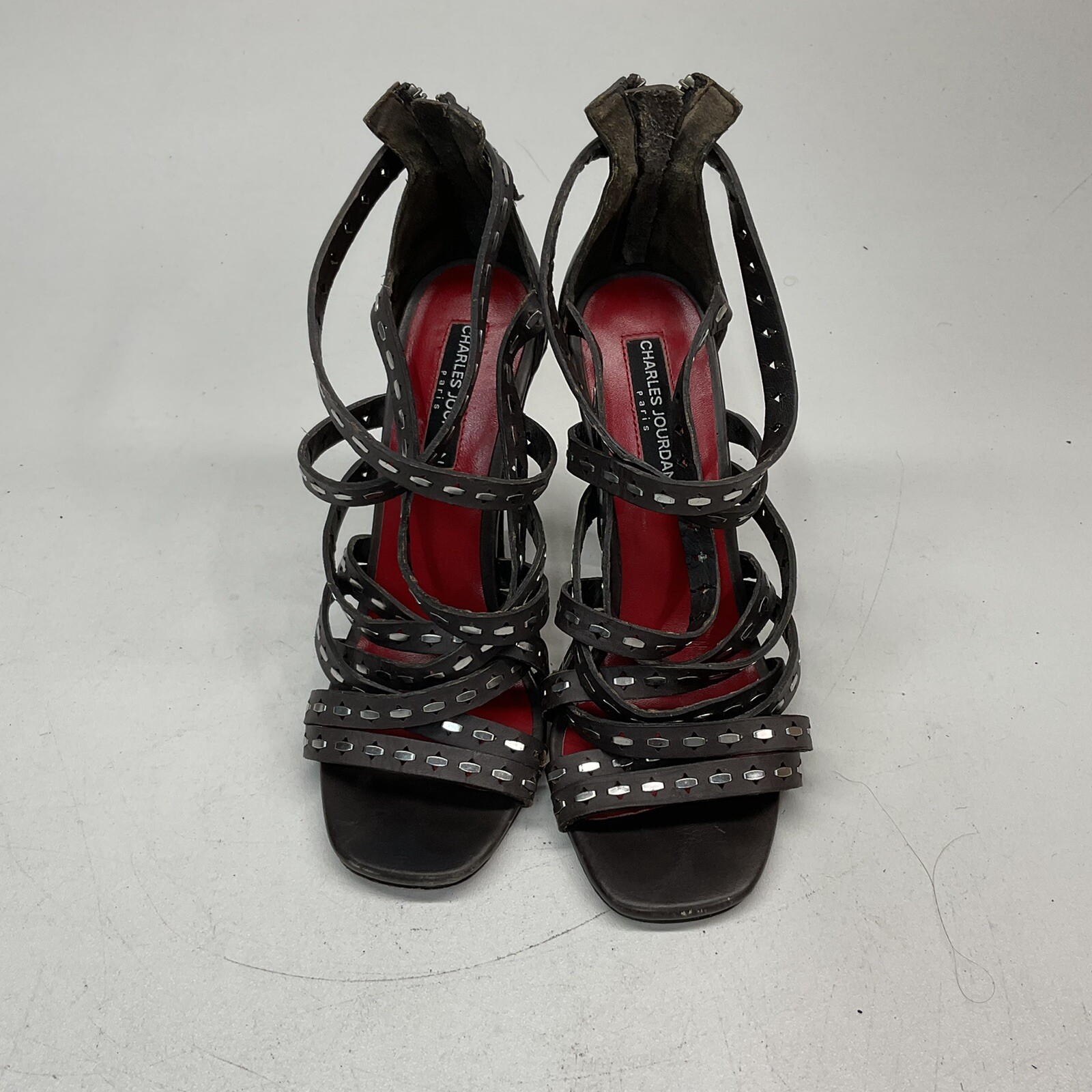 Charles Jourdan Brownish Gray Leather Open Toe Sandals With Heels Size 7.5