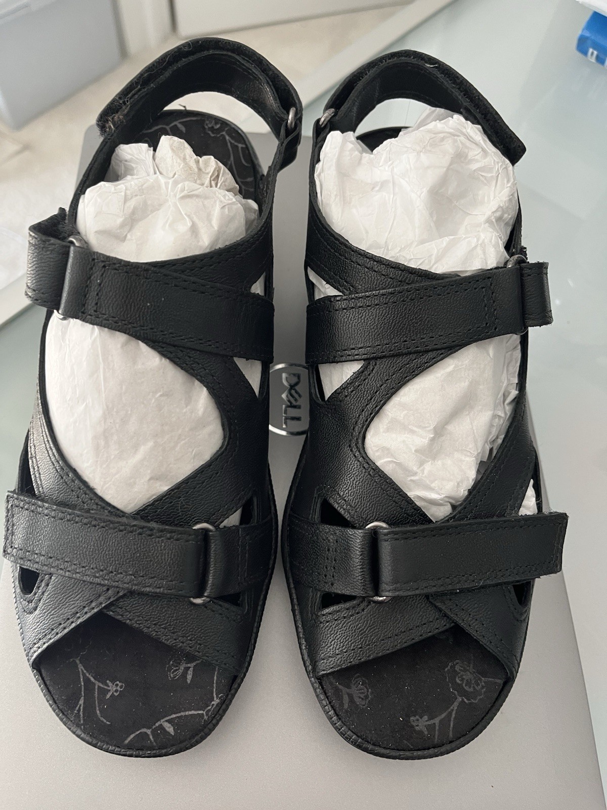 Barefoot Freedom by Drew «Lagoon» Women’s Wedge black leather Sandals 7N NEW!