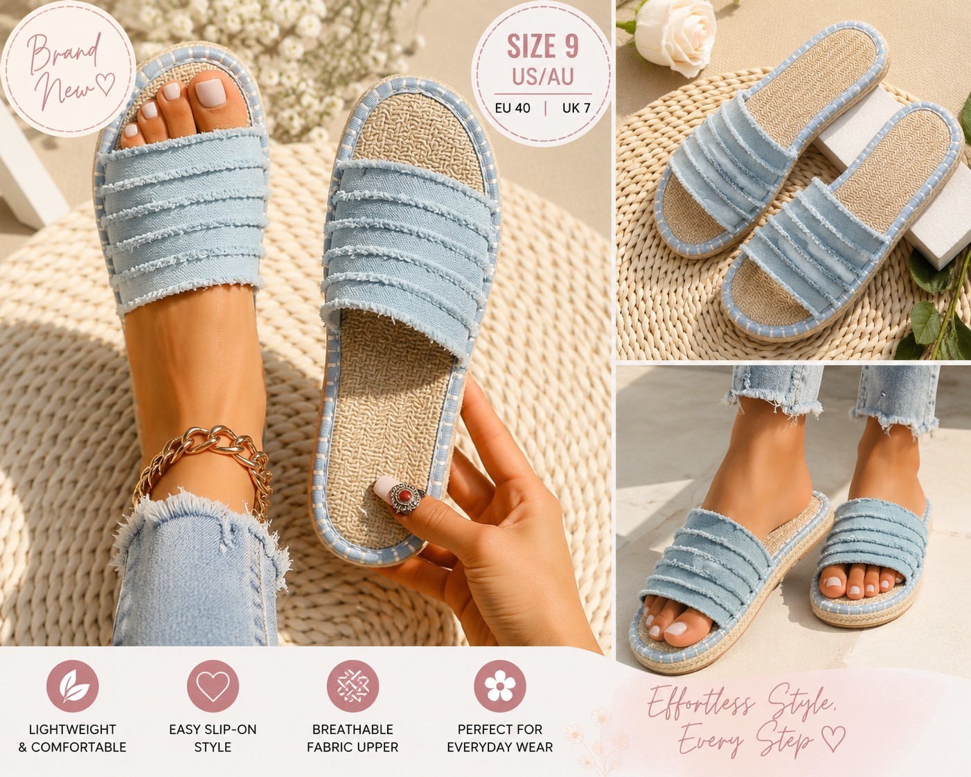 Women’s Light Blue Denim Fringe Slide Sandals US Size 9 EU 40 Open Toe…