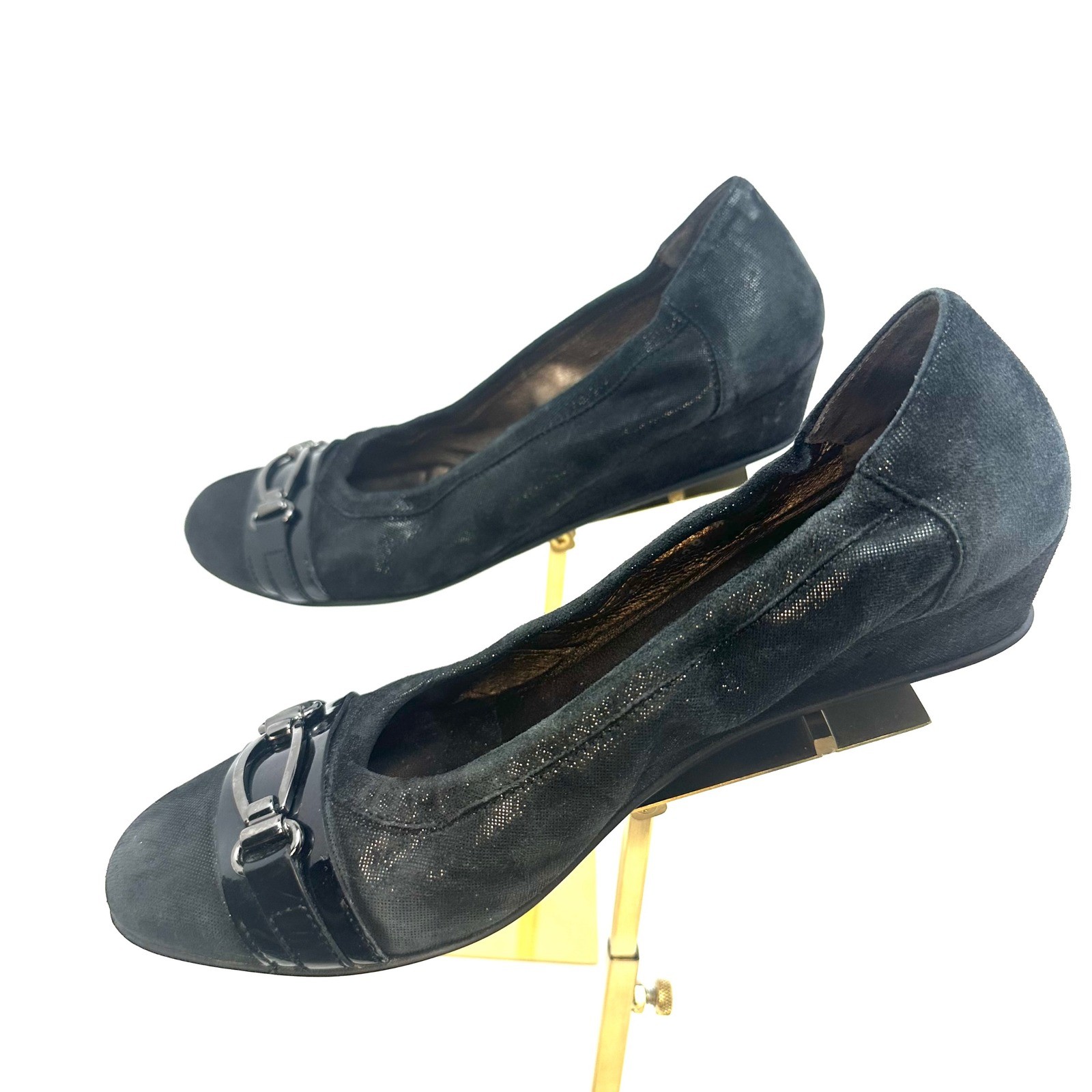 AGL Attilio Giusti Leombruni Black Suede Fabric Wedge Pumps Buckle Italy 40.5