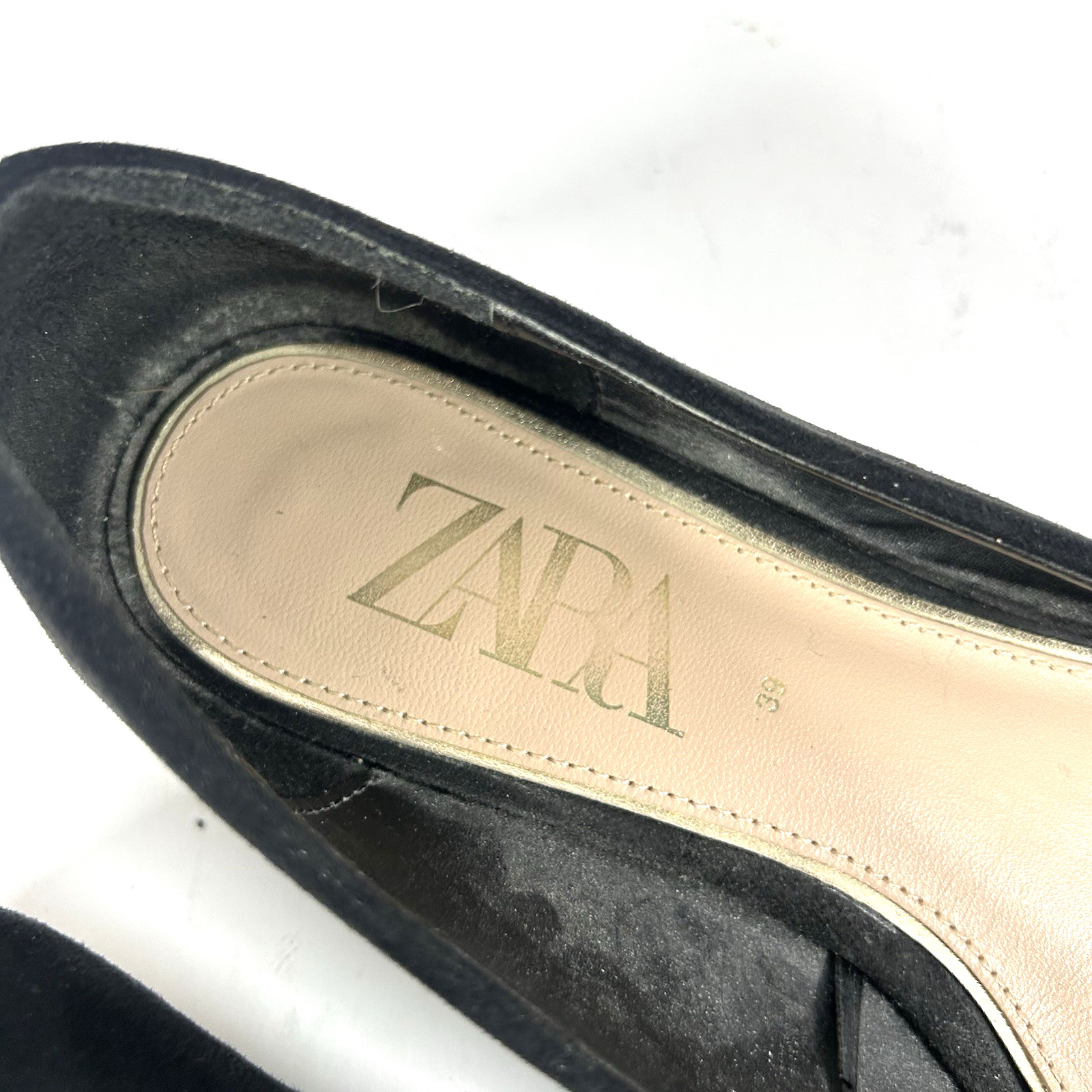ZARA Black Suede Pointed Toe Flats with Gold LInk Chain & Gold Rimmed Heel