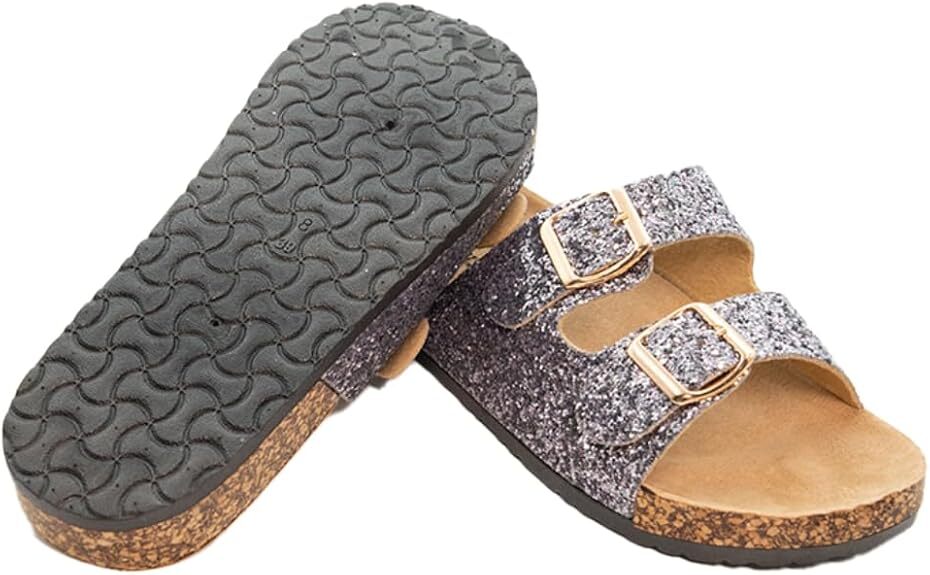 Very Peri Womens Glitters Comfort Flat Sandals Double Buckle Straps Flat Slides