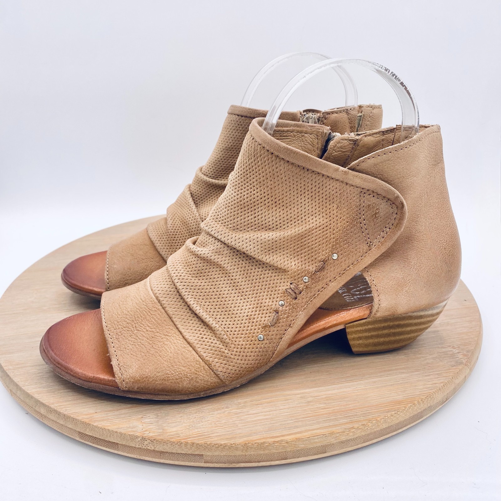 Miz Mooz Boots Womens 6.5 37 Tan Leather Ruched Ankle Booties Peep
