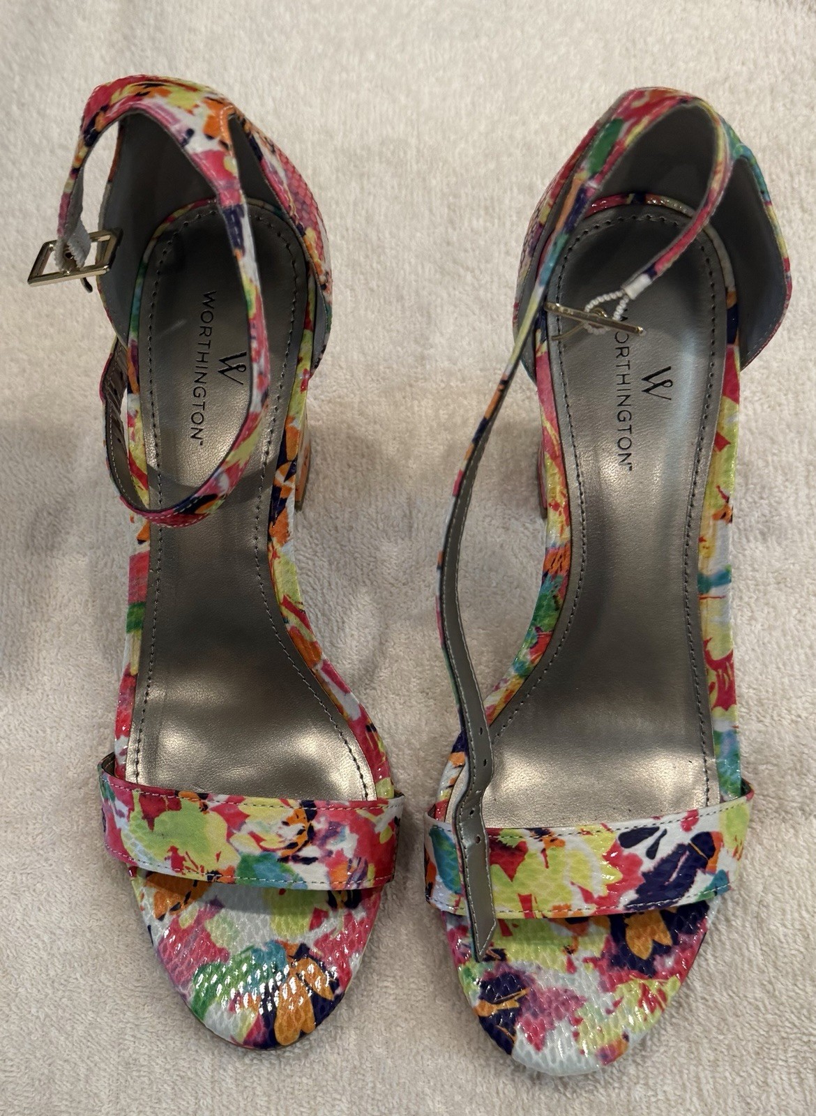 Worthington Floral Multicolor Open Toe Strappy Ankle Strap Block Heel 7 M