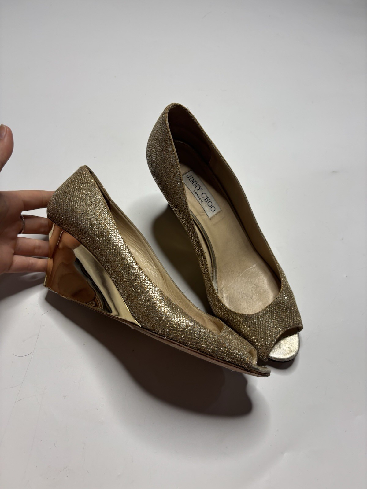 JIMMY CHOO Metallic Champagne Glitter Baxen Peep Toe Wedge DESIGNER Shoes Sz 40
