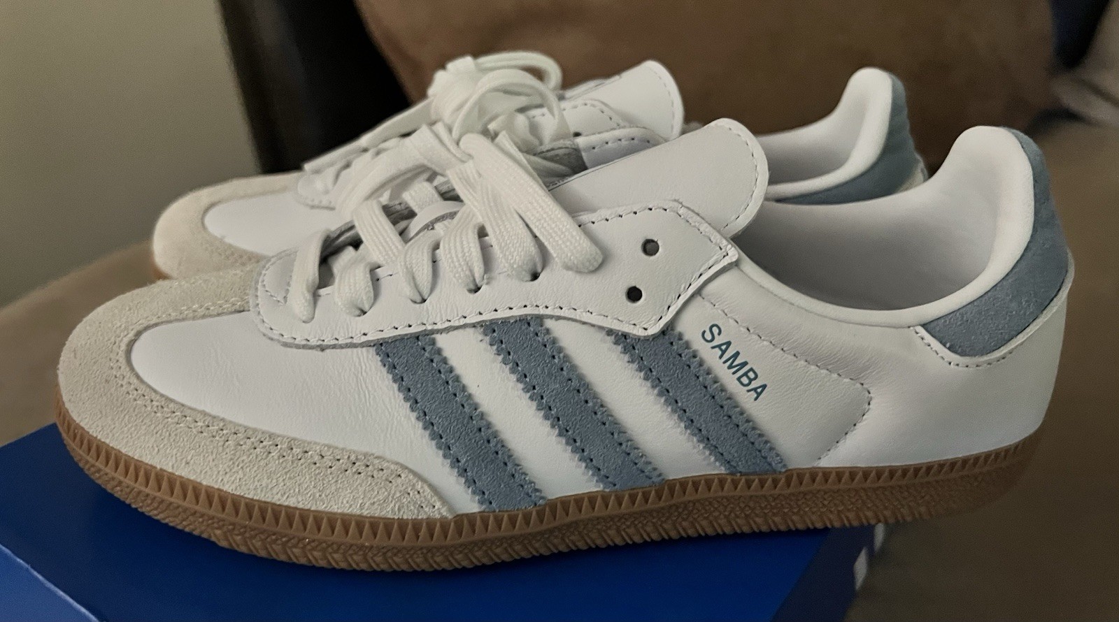Women’s Size 6 Adidas Samba OG White Ash Blue Gum Sneakers Tennis Shoes SOLD OUT