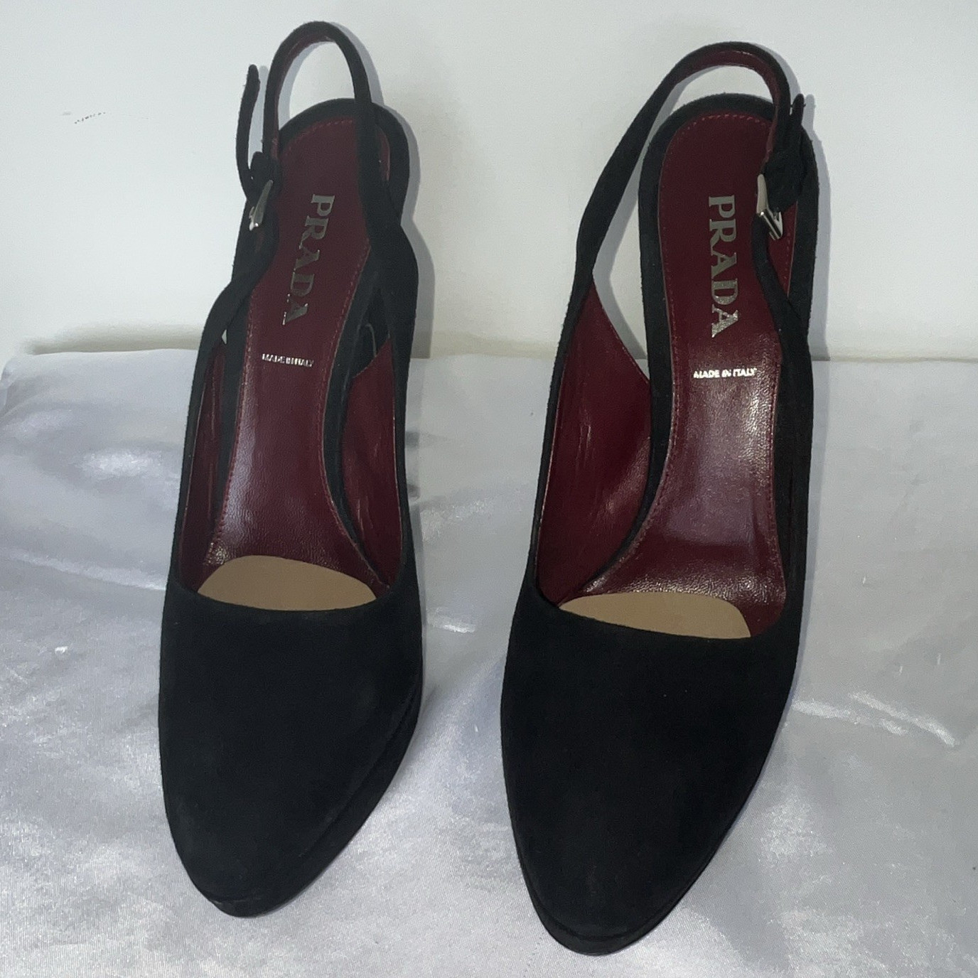 Vintage Prada Black Suede Sculptural Heel Slingback Pumps EU 40 Made Italy
