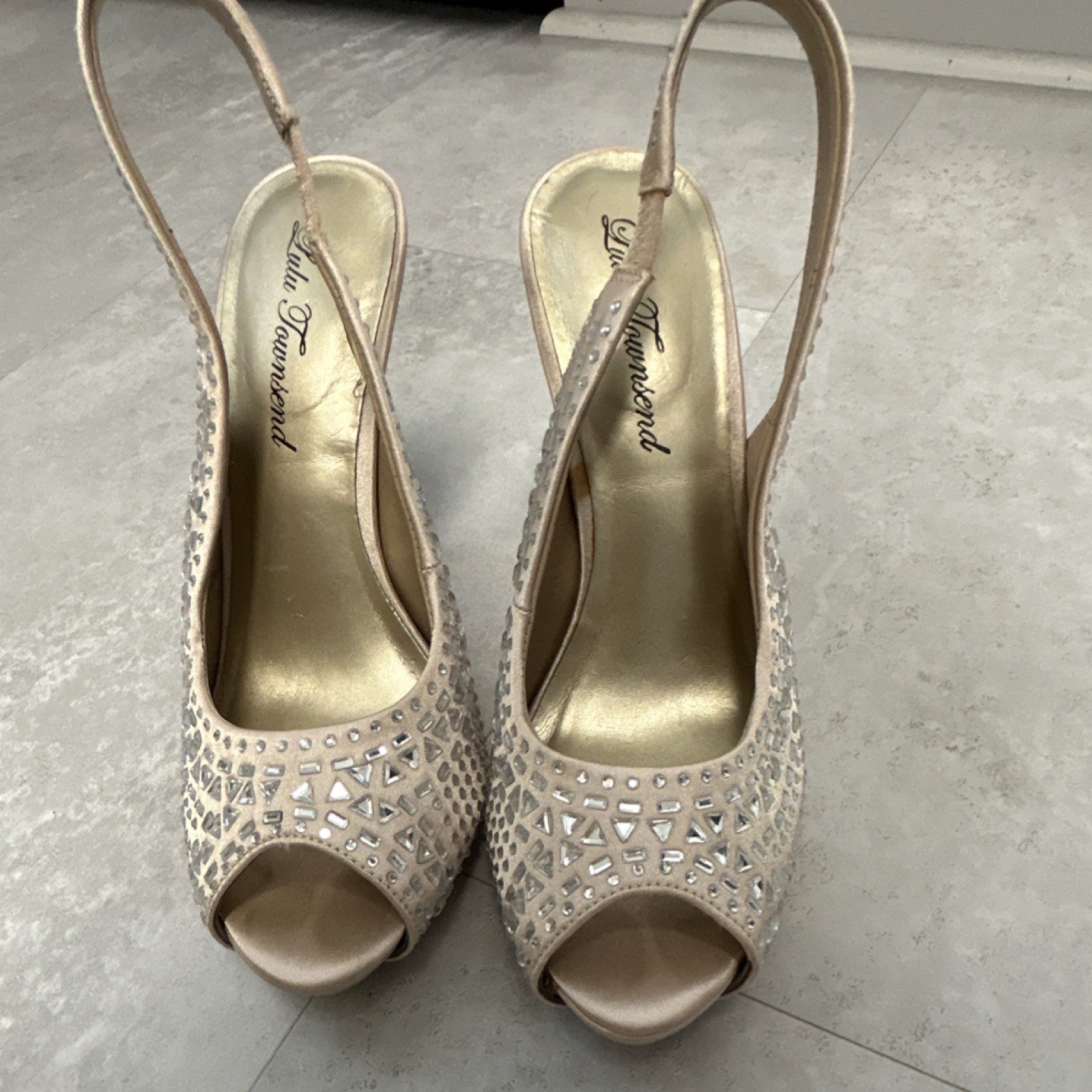 Lulu Townsend Beige Rhinestone Slingback Peep Toe Stiletto Heels Fabric Size 7