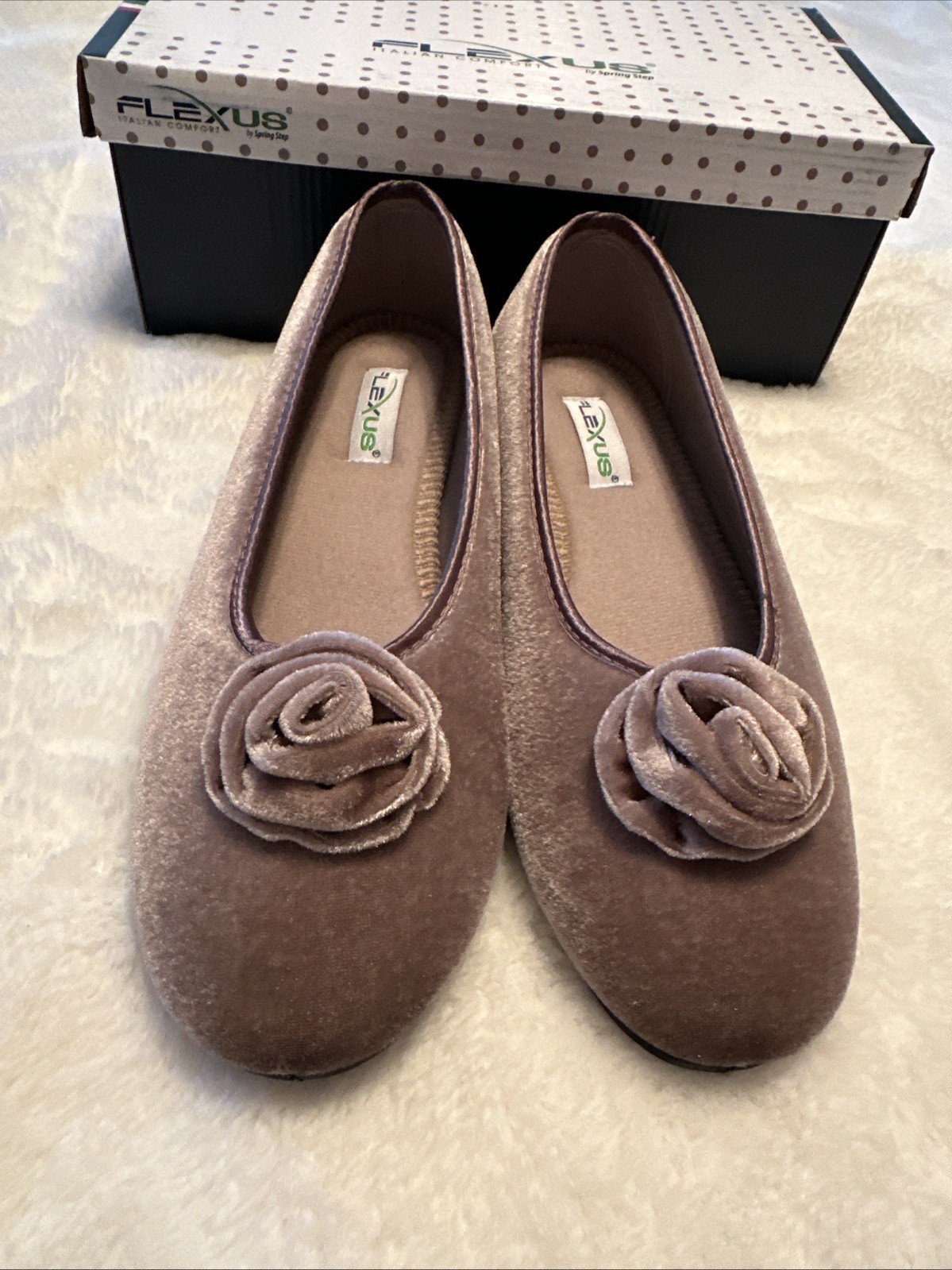 Flexus Roseloud Velvet Textile Flats Slippers Taupe EU 41 US 9.5-10 NIB