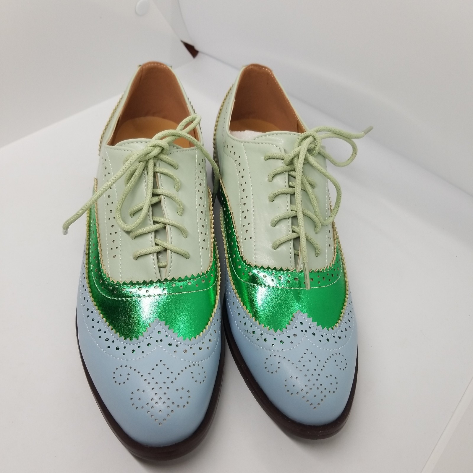 Size 9 Green Color Block Man Made Leather Wingtip Brogue Oxford Shoes