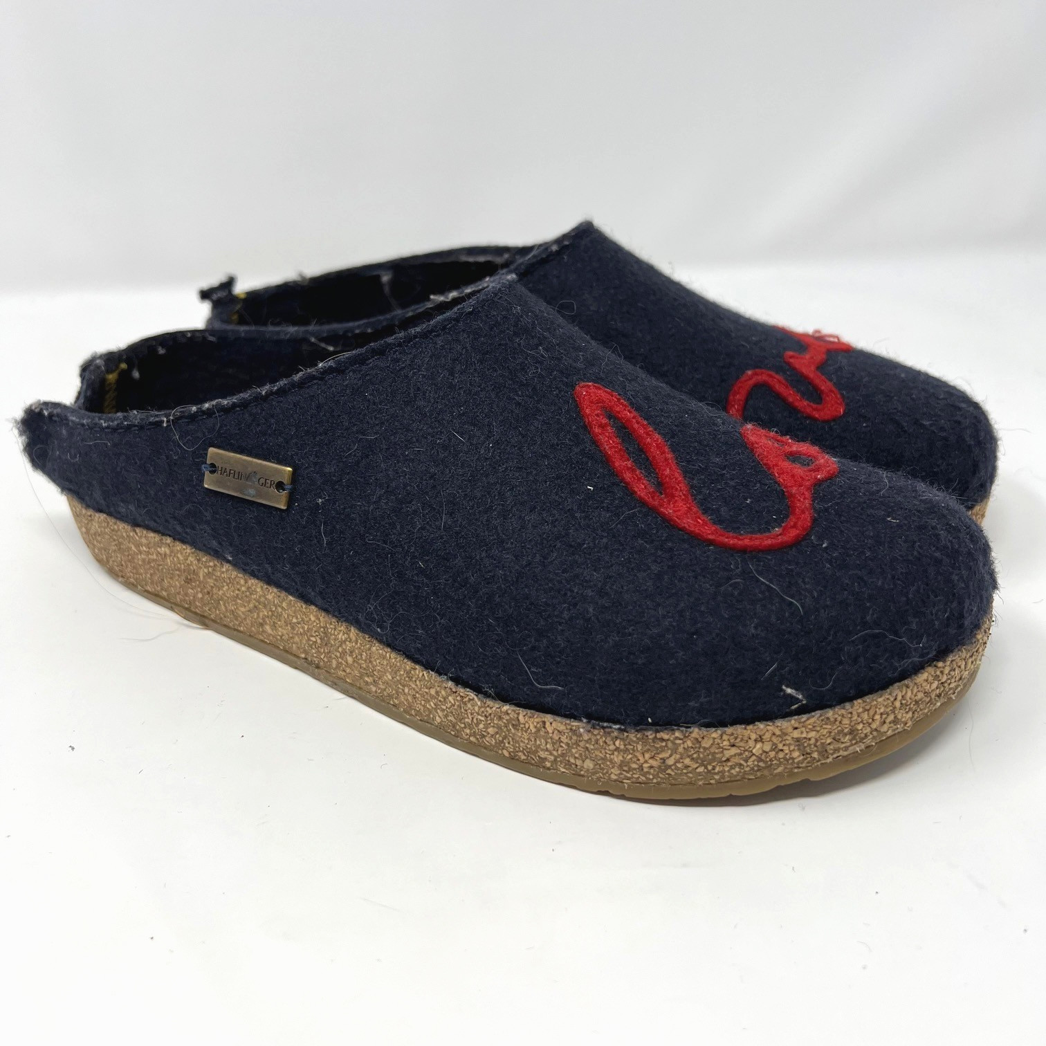 Haflinger Love Wool Felt Clogs Slippers Navy Red Script Womens 38 Size 7 READ