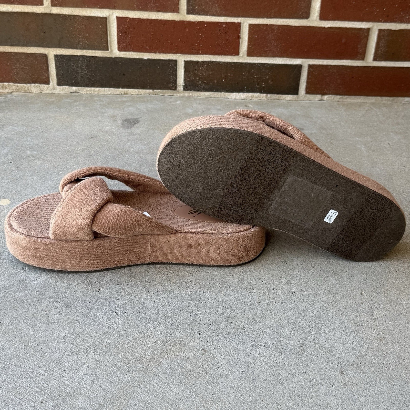 Aerie Terry Twist Platform Slippers Womens Tan Cloth Criss Cross Cozy Lounge 9