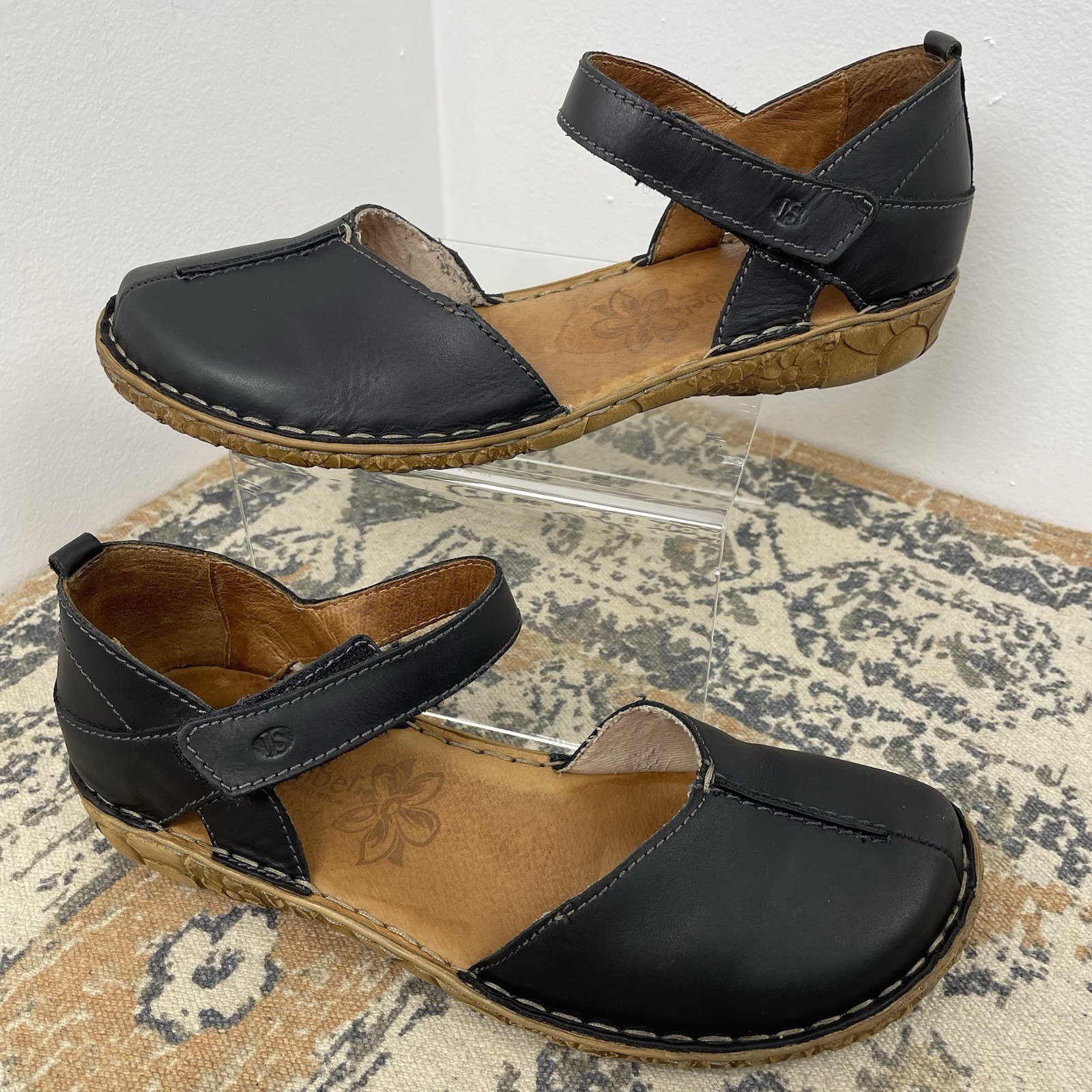 Josef Seibel Rosalie 39 Black Leather Mary Jane Comfort Sandals Hook Loop EUC