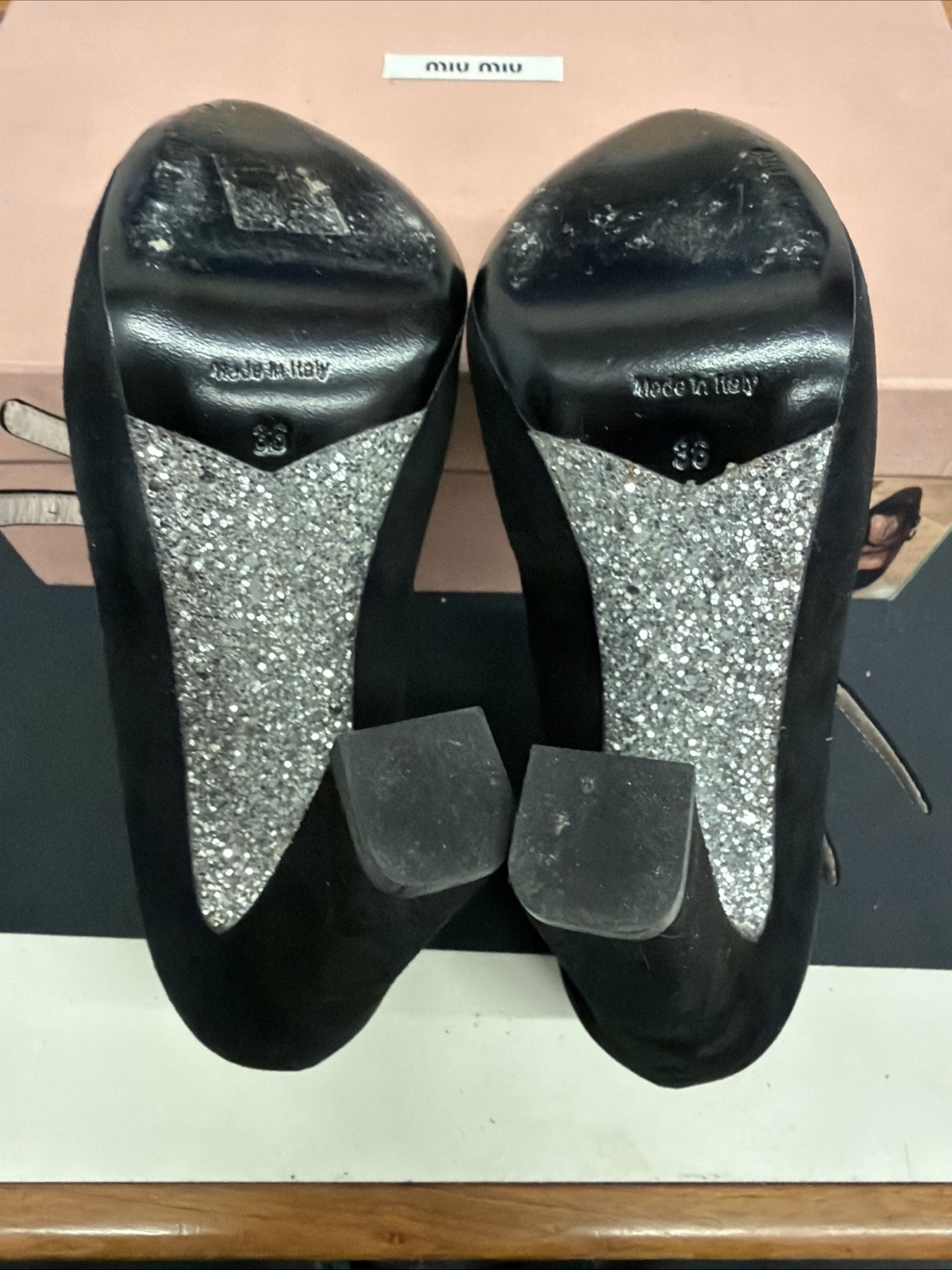 Miu Miu Black Suede Glitter Sole Mary Jane Heels, Size 36 With Box