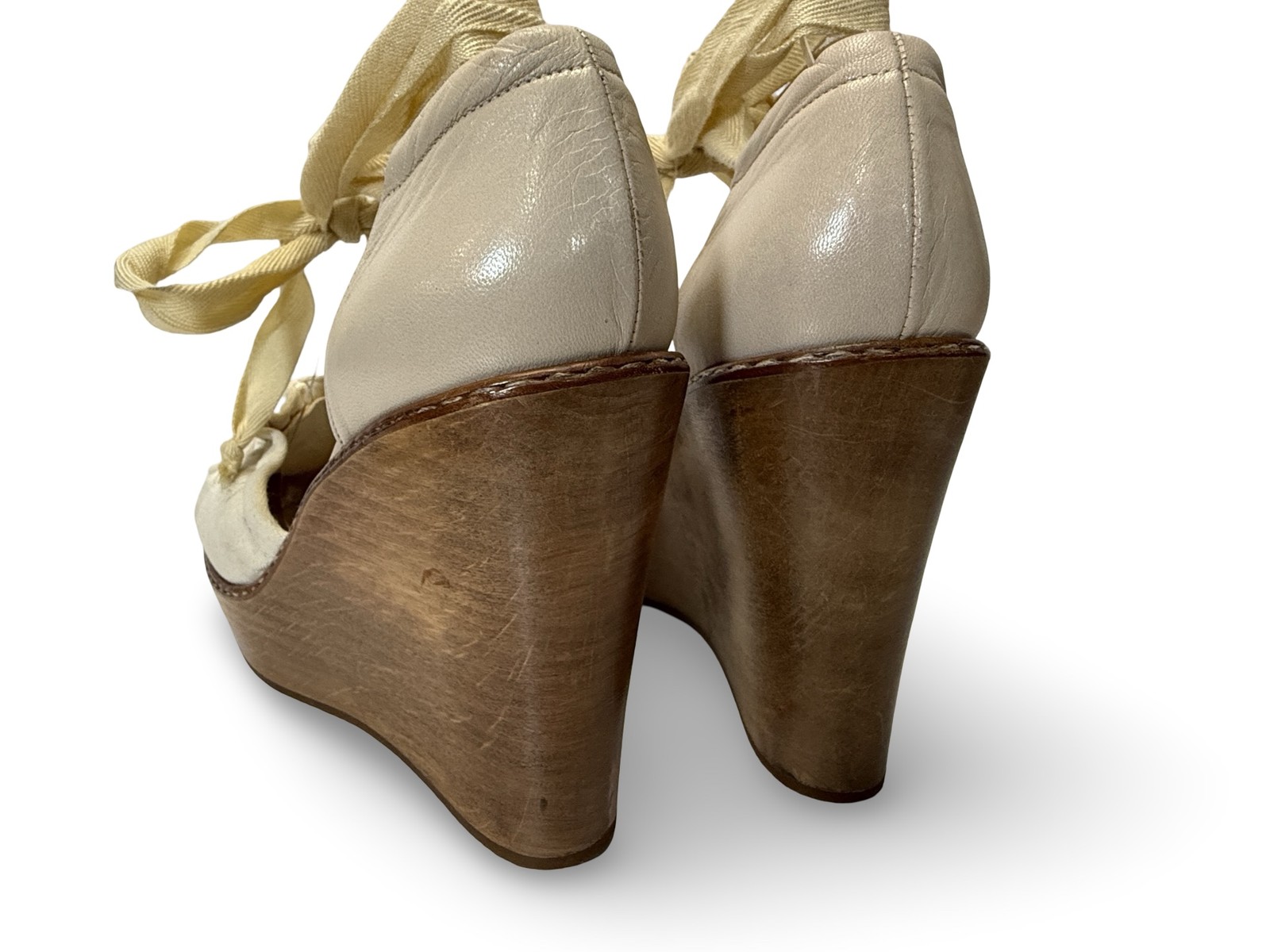 CHLOE Ivory Canvas & Leather Lace Ankle Wooden Wedge Sandals Shoes 39 9