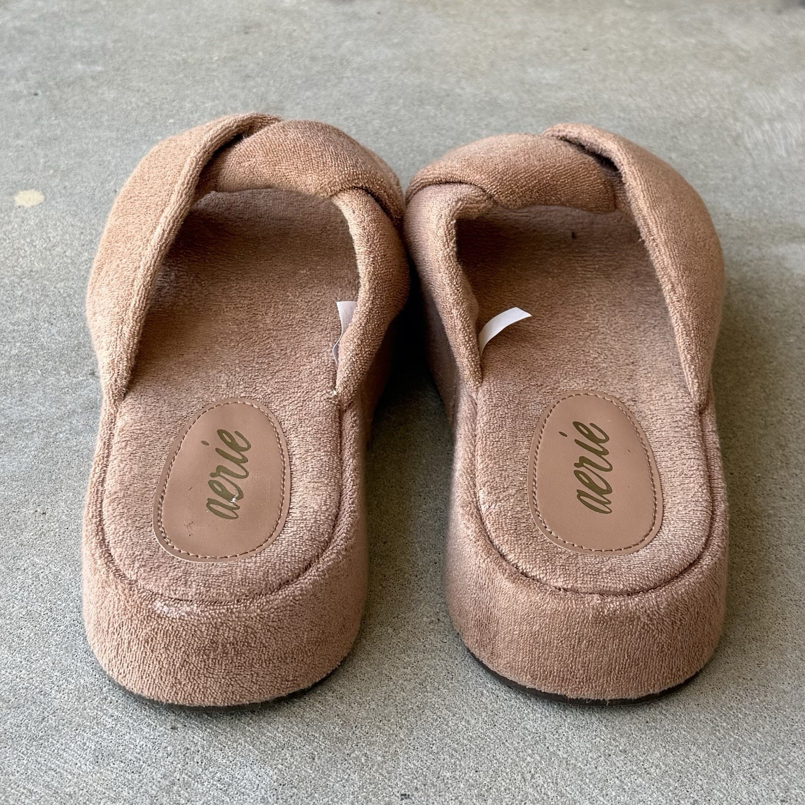 Aerie Terry Twist Platform Slippers Womens Tan Cloth Criss Cross Cozy Lounge 9