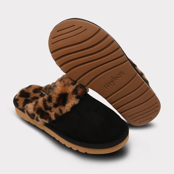 MYKOS Lia Women’s BLACK/LEOPARD Slip-On Scuff Slipper SIZE 8 MW 2556