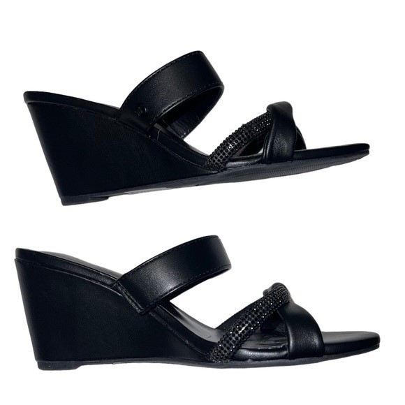 London Fog Dapper Wedge Sandals Black Double Strap Rhinestone 7 Dressy/Wedding