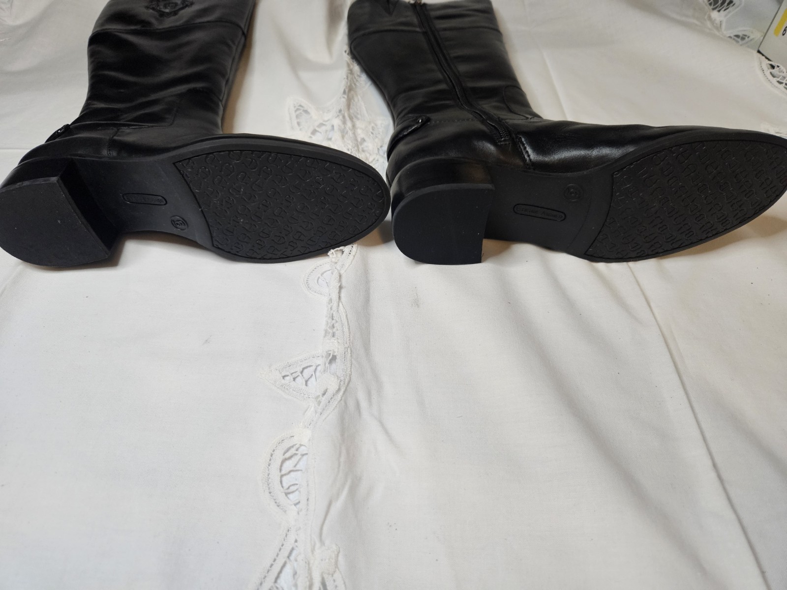 Etienne Aigner Black Leather Knee High Riding Boots Logo Side Zipper Block Heel