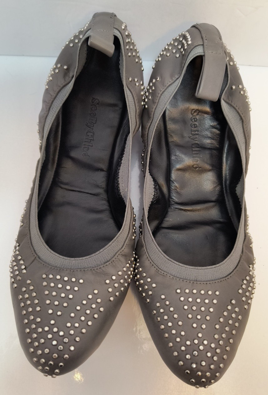 See By Chloe Gray Leather Studded Stretch Ballet Flatsd Women’s Size 40 U.S. 10